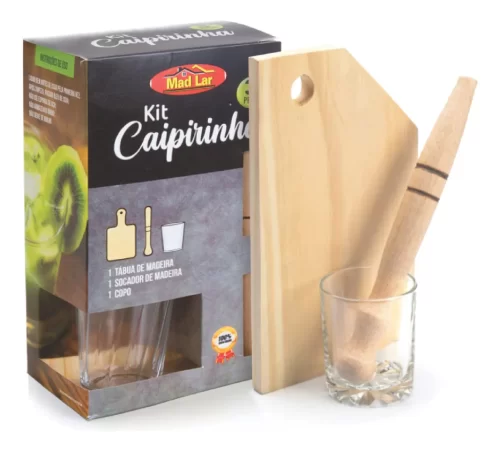 Kit Caipirinha Com 3 Peças Copo De Vidro Mini Tábua Socador