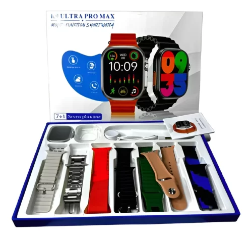 Smartwatch Relogio K9 Ultra 49mm Pro Max 7 Pulseiras Caixa Azul Pulseira Preto Bisel Prateado