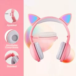 Headset Kapbom KA-980 Fone de Ouvido Bluetooth Led Orelha Gato Cor Rosa Luz Colorido