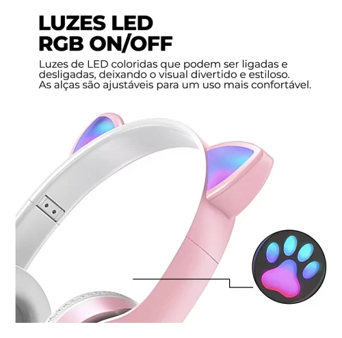 Headset Kapbom KA-980 Fone de Ouvido Bluetooth Led Orelha Gato Cor Rosa Luz Colorido - Image 4