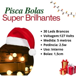 Cordão Pisca Pisca De Bolas Varal 30 Leds Luzes De Natal 5m