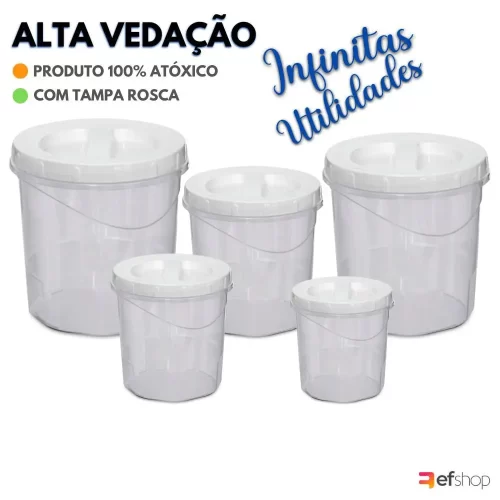 Conjunto Potes Plástico p/ Mantimentos c/ Tampa Rosca 5 Pçs - Usual Utilidades